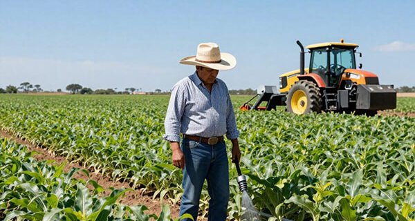 Productor agrícola supervisando sistema de riego en cultivo de sorgo con concesión de agua renovada ante CONAGUA en Nayarit.