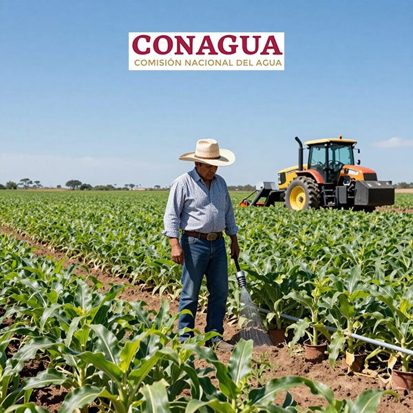 Productor agrícola supervisando sistema de riego en cultivo de sorgo con concesión de agua renovada ante CONAGUA en Nayarit.