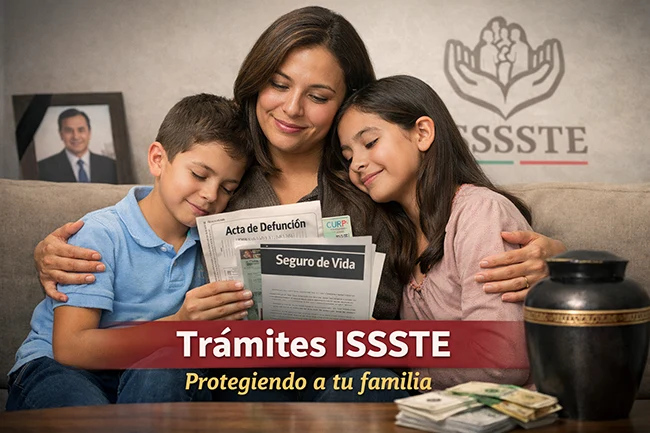 Madre mexicana con sus hijos revisando documentos del ISSSTE — acta de defunción, seguro de vida y CURP — representando la tranquilidad familiar y los beneficios de trámites legales claros y humanos ofrecidos por Gestoría y Contratos.
