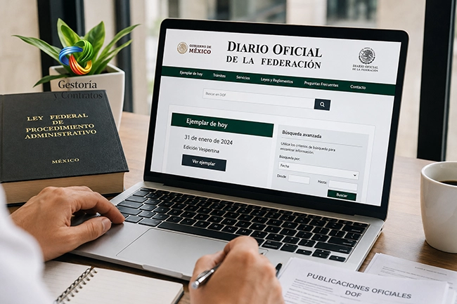Persona consultando el Diario Oficial de la Federación para revisar trámites y publicaciones oficiales en México.